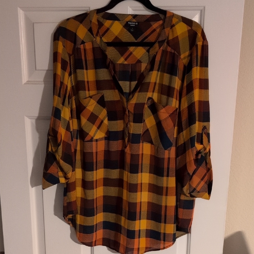 torrid Plaid Button-Down Blouse in Mustard, Burnt Orange & Brown